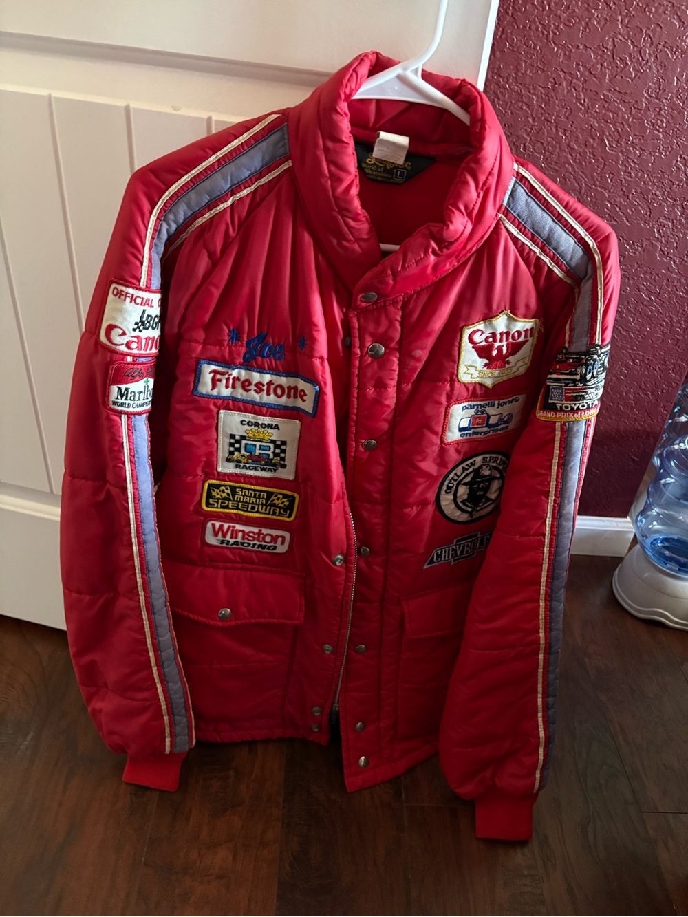 Canon Red Quilted Racing Jacket with Sponsor Patches